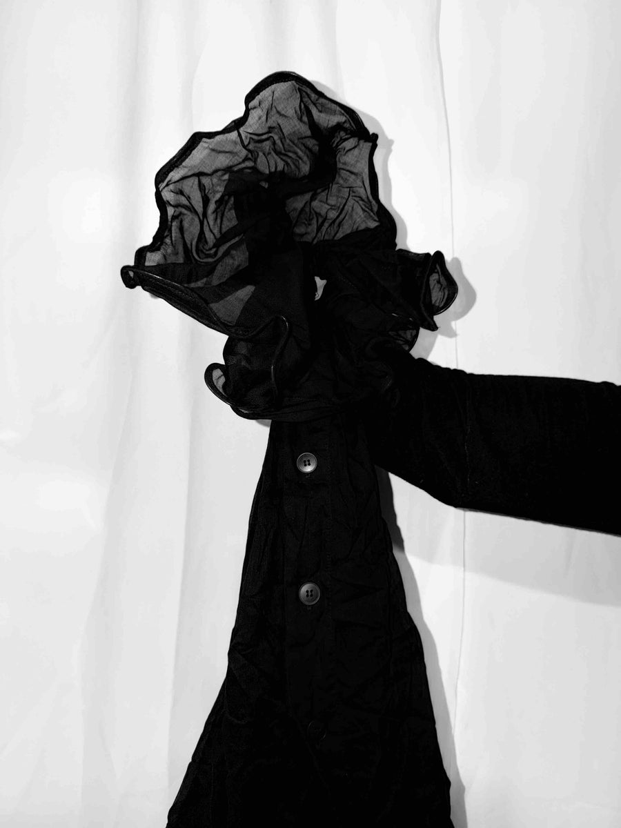 NELLY JOHANSSON silk dress, paneled with sections from different wash phases, with a sculptural black silk flower