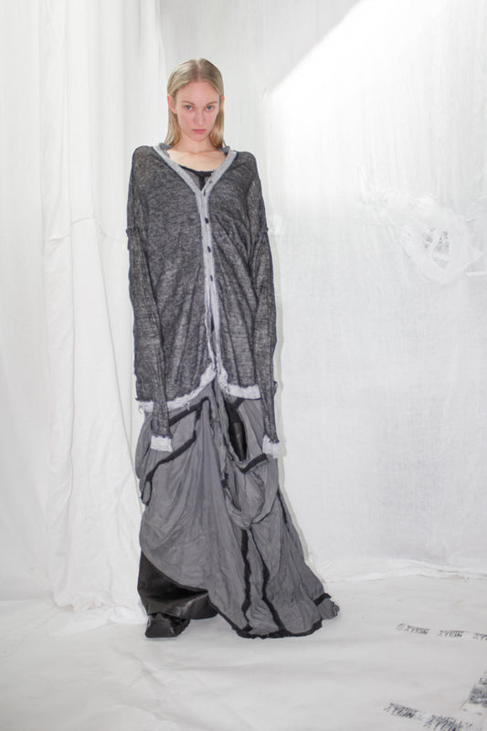 NELLY JOHANSSON 2023–24 collection: grey pinstripe long coat-dress with draped side panels 5
