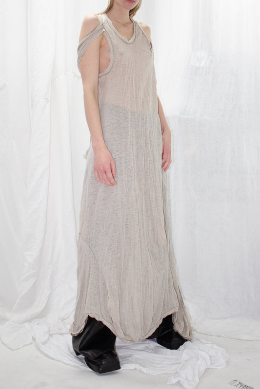NELLY JOHANSSON 2023–24 collection: long beige sheer dress with an uneven hem 38