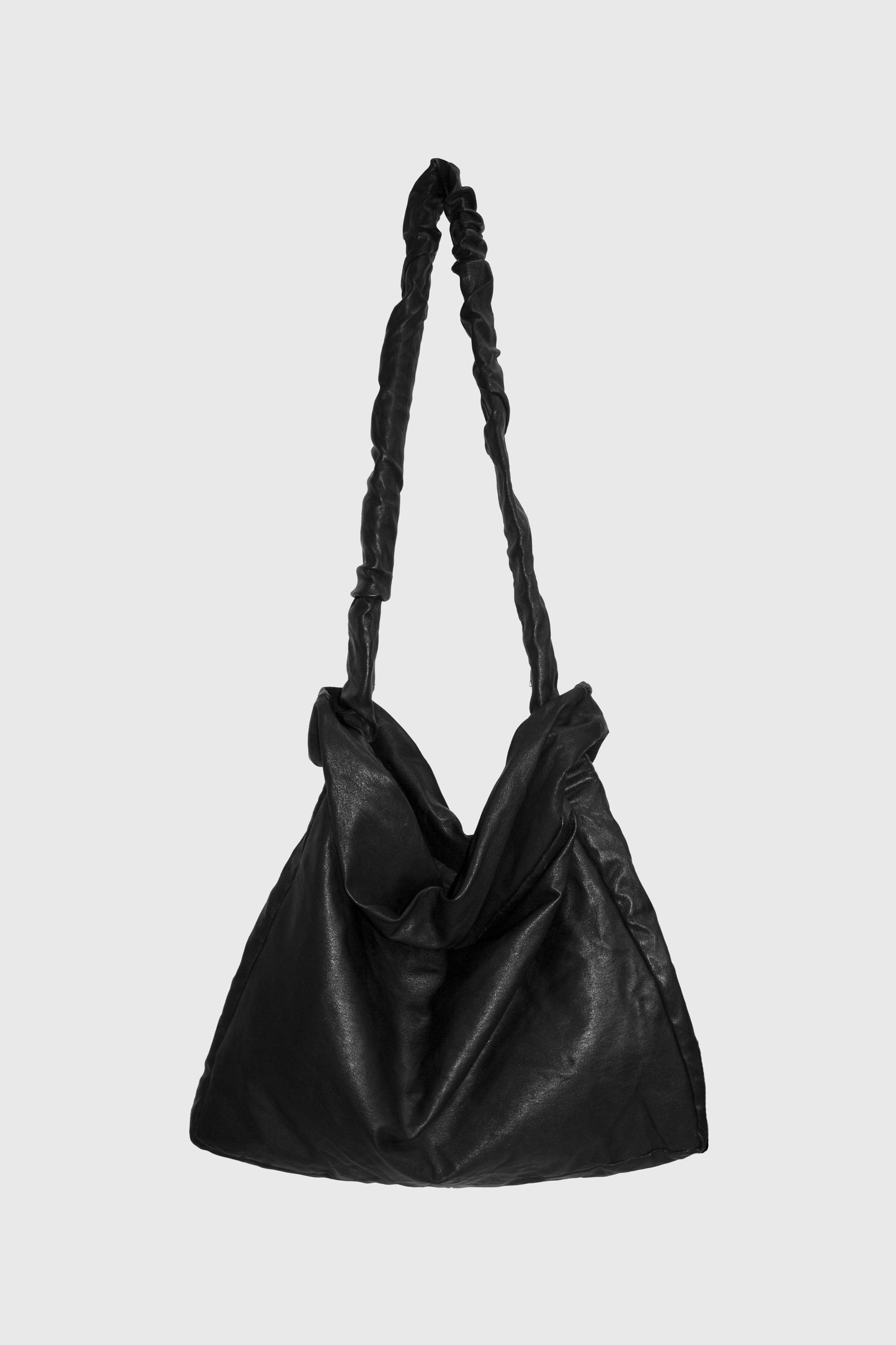 Black leather crossbody bag with ruched double straps displayed on white background