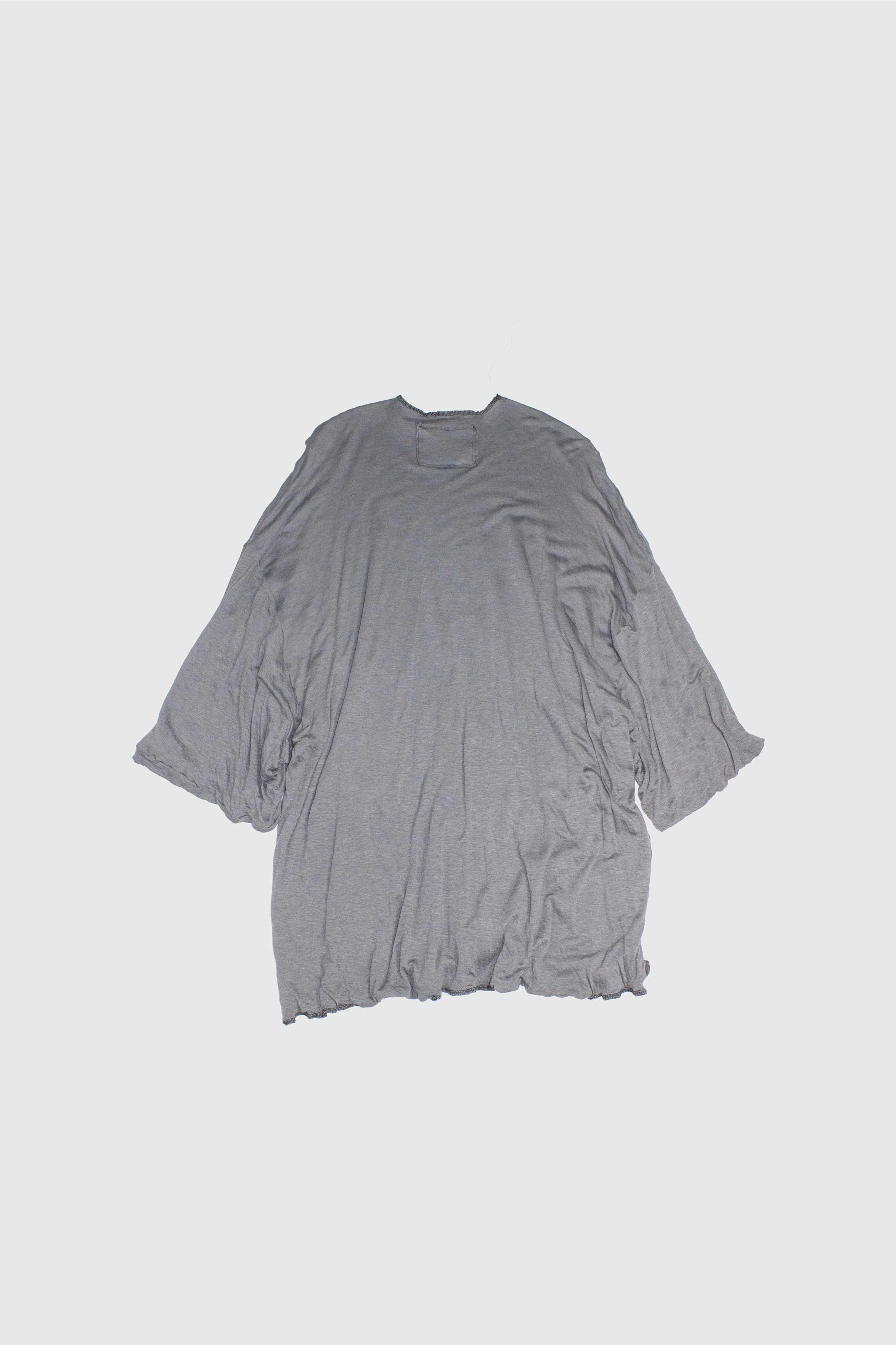 Flat lay back view of grey t-shirt showing double-layered construction and sleeve details